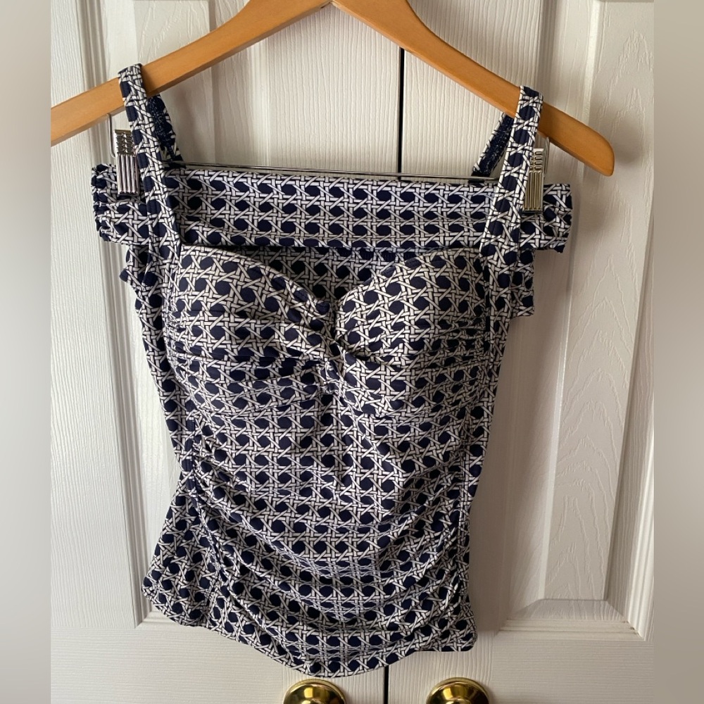 bond-eye Australia Navy/White Basket Weave Print Ruched Tankini Swimsuit 6 D/DD